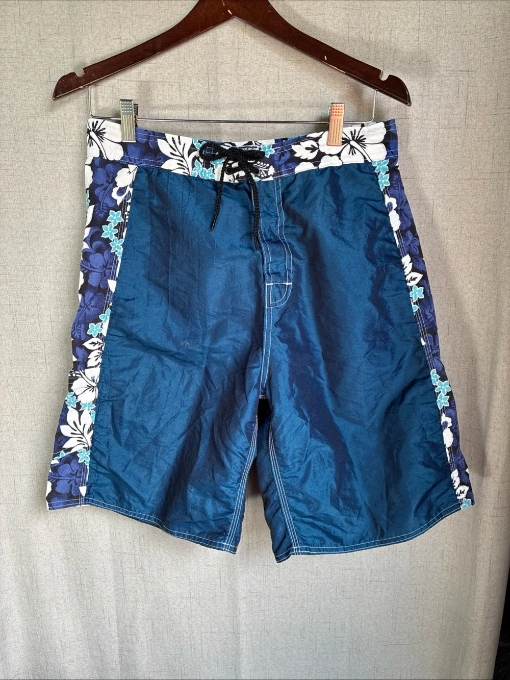 Mens Blue Hawaiian Boardshorts 34 Y2K Surf Swim Drawstring Trunks Vintage 31 S M